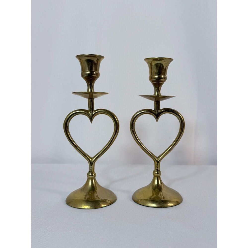 VTG Solid Brass Pair Taper Candleholders Heart Shaped Love India Wedding 7"